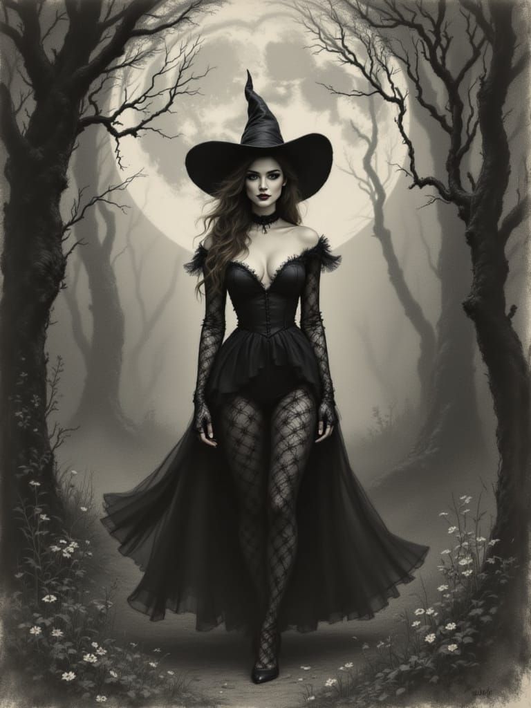 Mysterious Witch in Charcoal Sketch Style