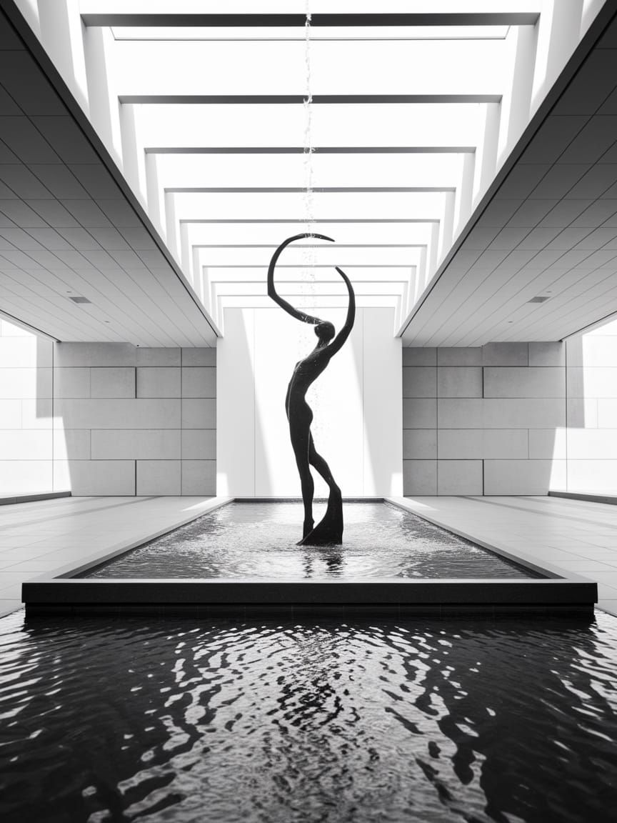 Monochrome Surrealist Fountain Photo in Minimalist Lobby