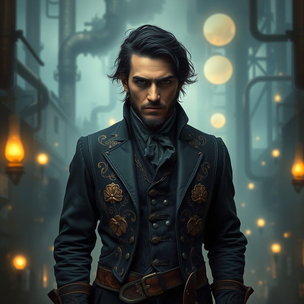 Steampunk Gentleman in Industrial-Era Cityscape