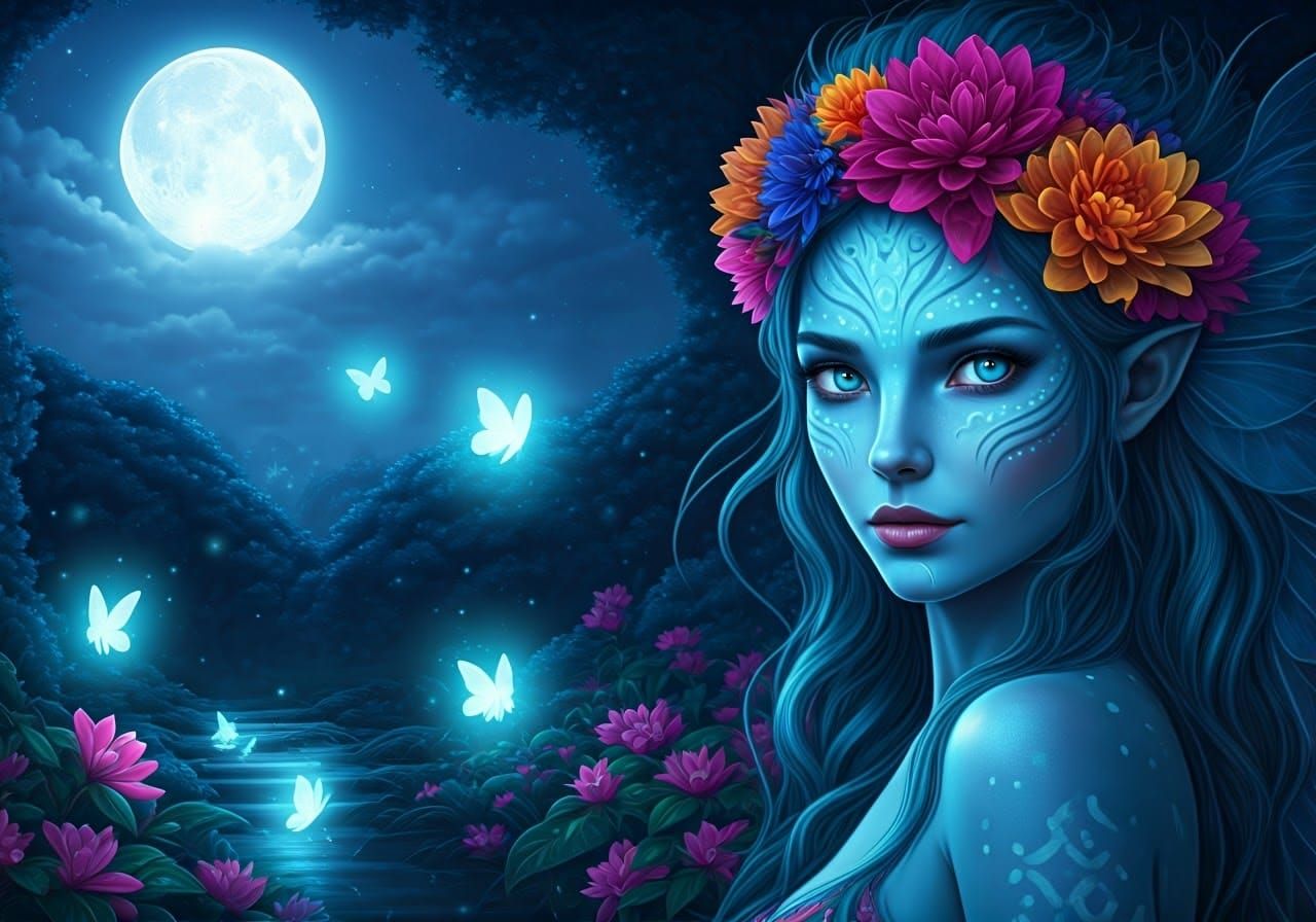 Enchanted Blue Fairy in a Dreamlike Forest Scene