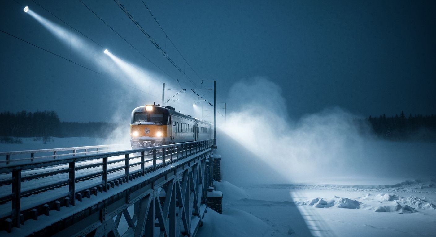 Winter Train Speeds Across Frozen Bridge in Eerie Light