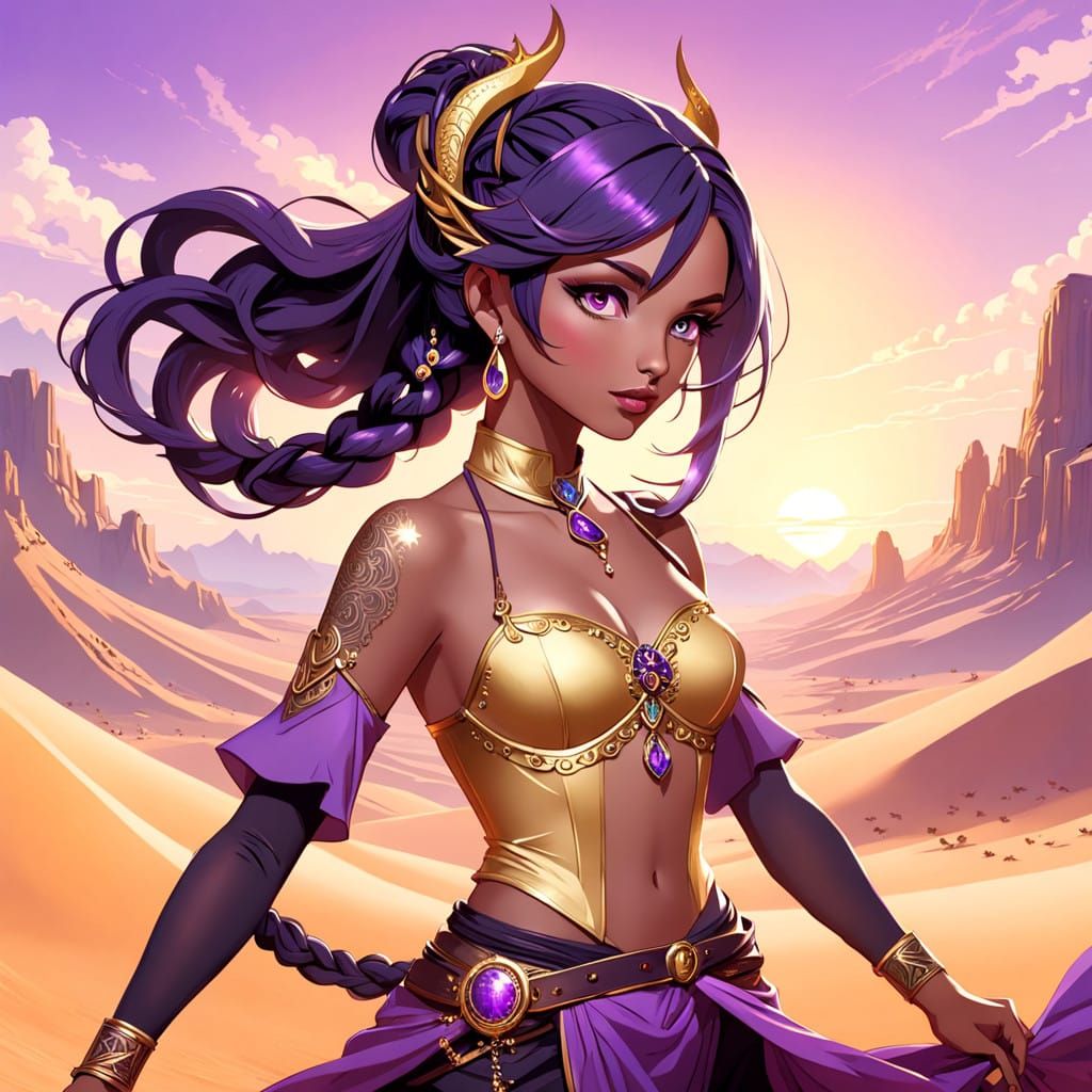 Elegant Dark Fantasy Warrior Princess on a Majestic Sand-Col...