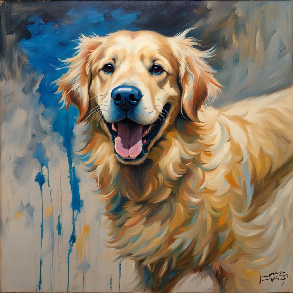 Smiling Golden Retriever with Blue Tail Streaks