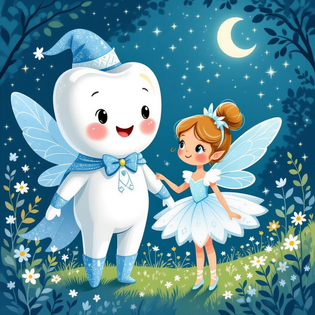 Whimsical Tooth Person and Fairy in Moonlit Garden