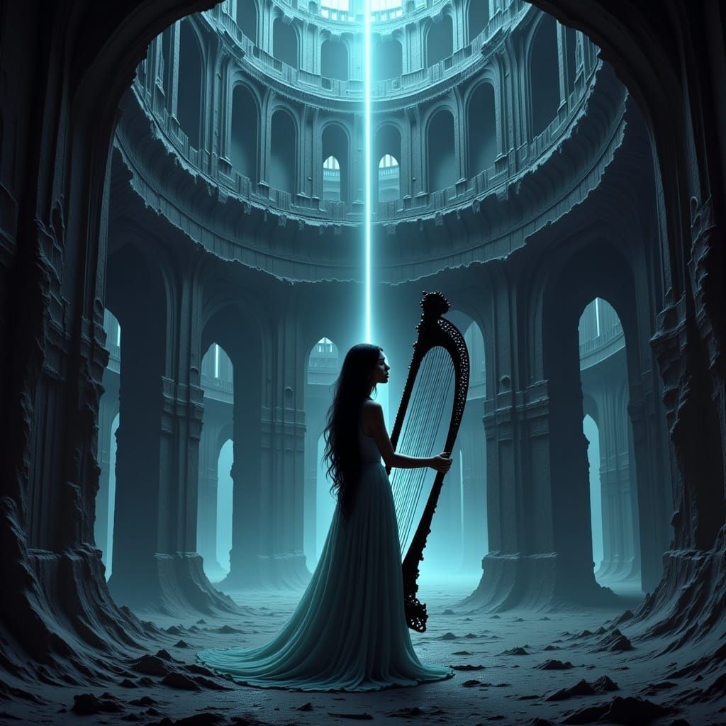 Ethereal Harpist in Flooded Mechanistic Tower