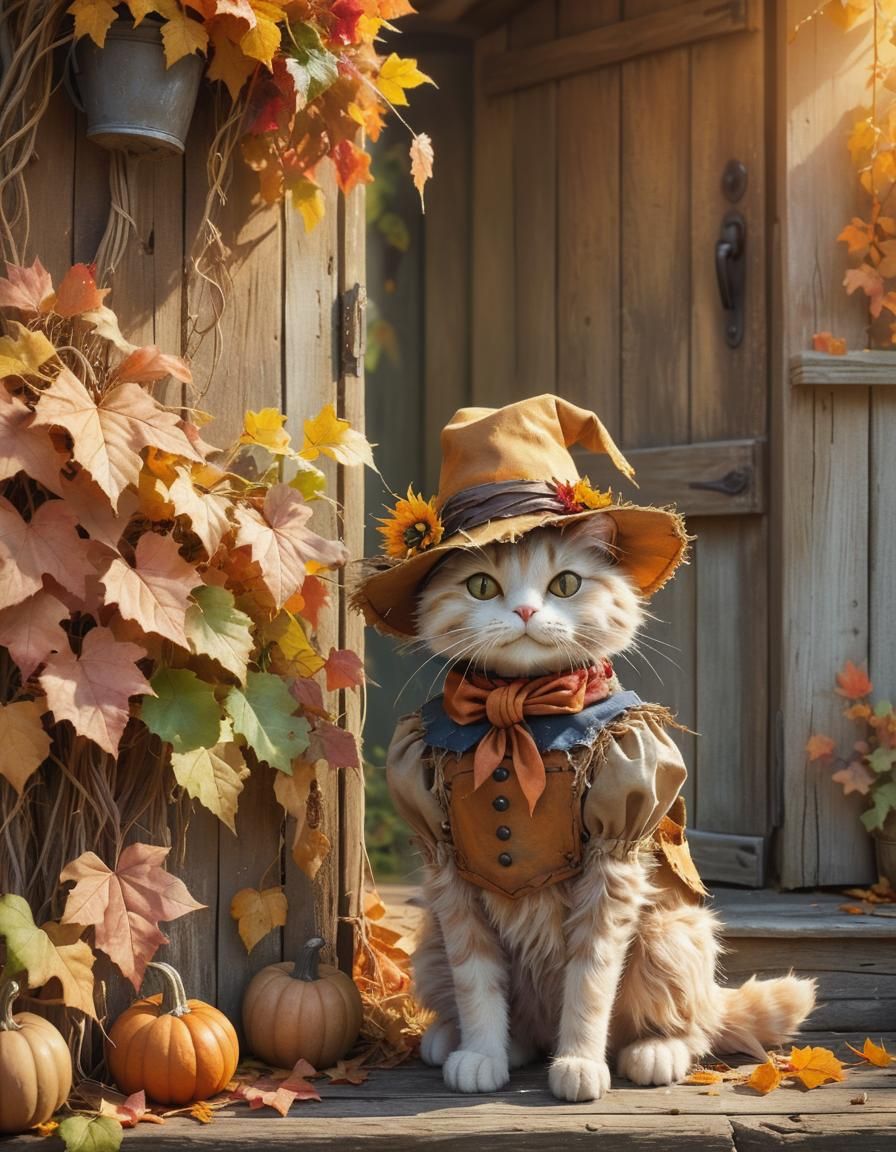 Scarecrow Cat in Whimsical Autumn Fantasy Art