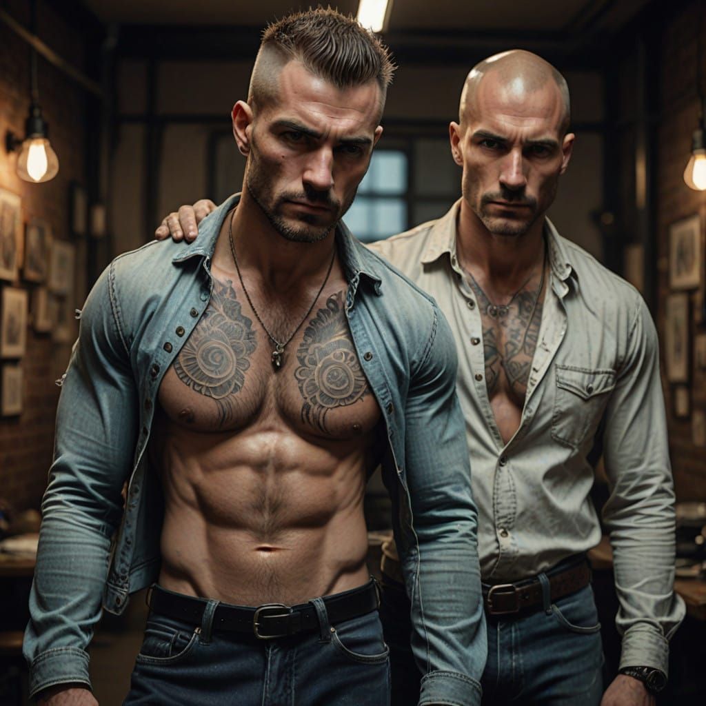 Intense Portrait of a Tattooed Male Skinhead in Dark, Moody...