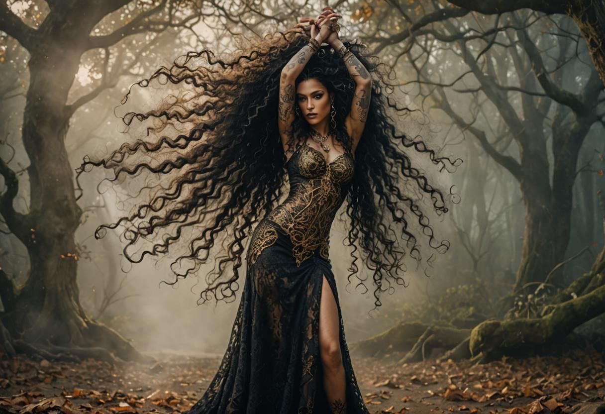 Cinematic Portrait of a Tattooed Witch in Golden Lace