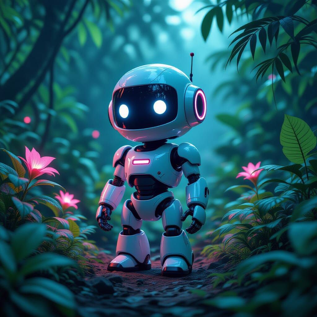 Cute Robot in Bioluminescent Jungle