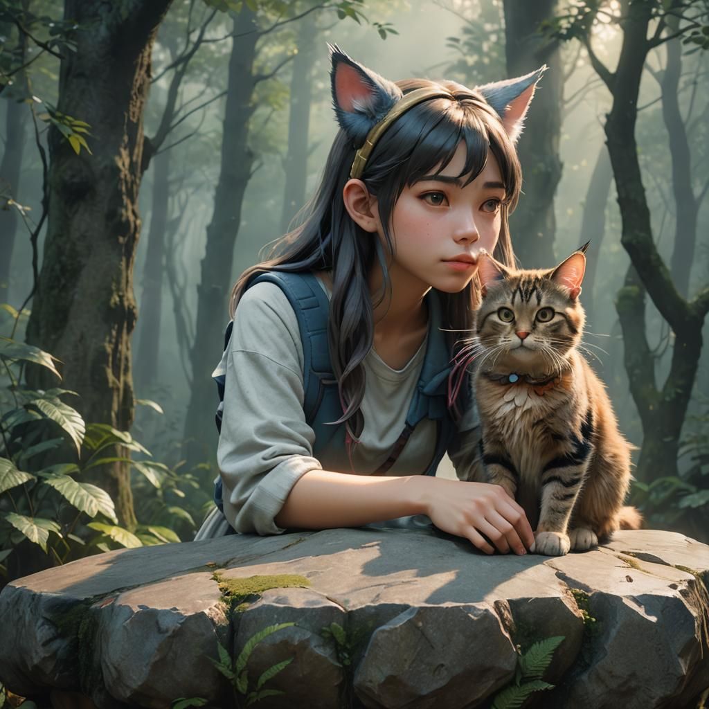 Anime Girl with Cat Ears in Misty Forest