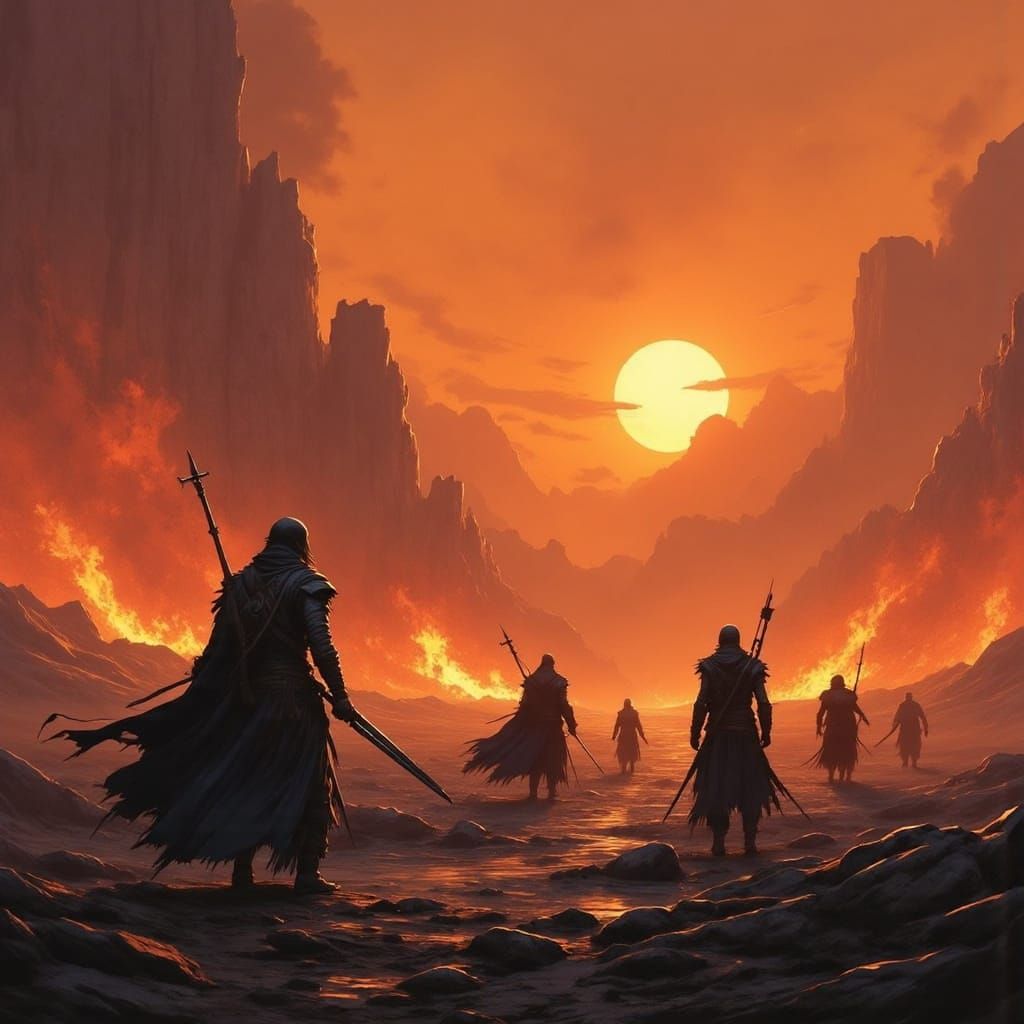 Nordic Warriors in Misty Twilight, Dramatic Lighting