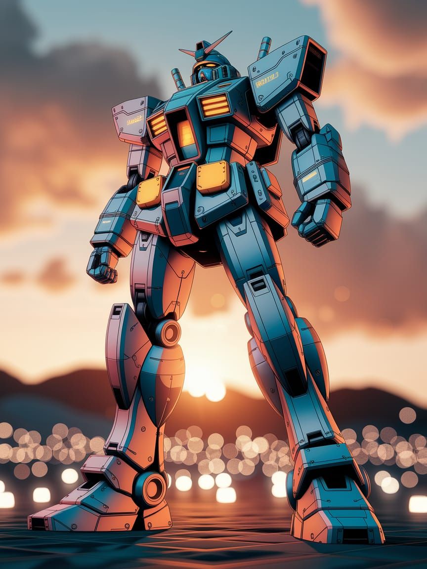 Anime Style Mecha at Sunset with Bokeh