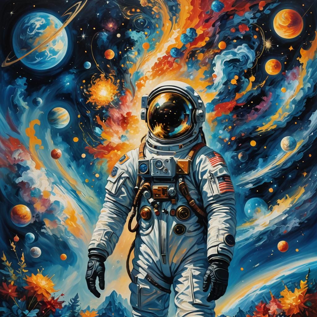 Cosmonaut in Surreal Paradise: An Oil Painting
