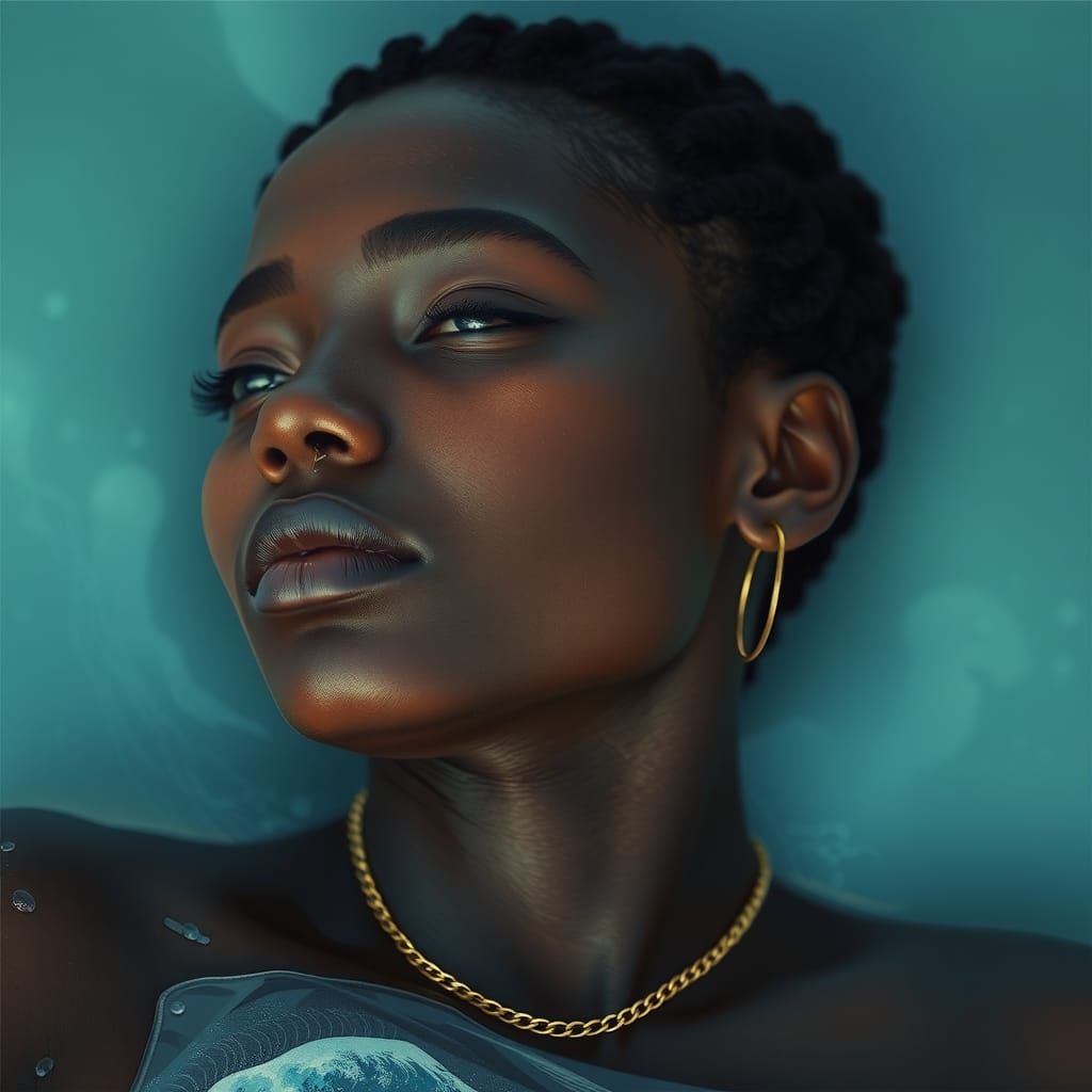 Serene Woman in Blue Water, Digital Art
