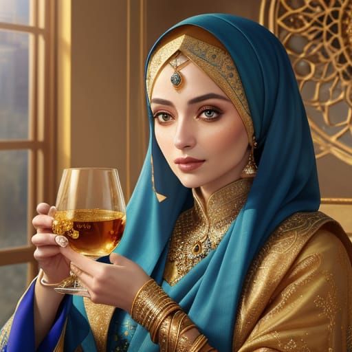 Elegant Woman with Hijab, Digital Watercolor Portrait