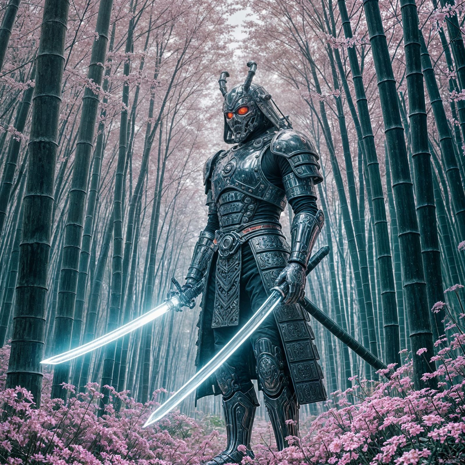 Chrome Samurai Cyborg in Neon Bamboo Forest