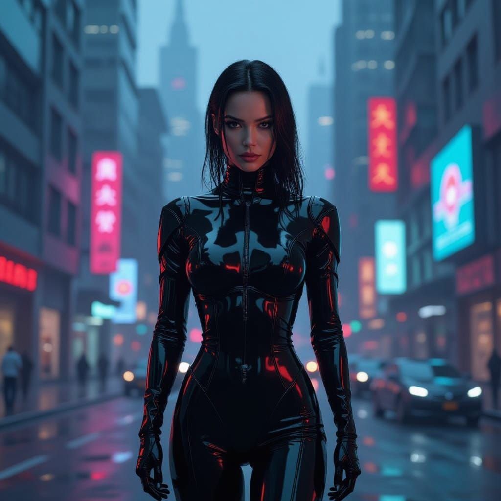 Cyborg Goddess in Neon Cityscape