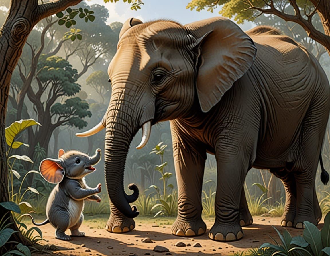 Gentle Elephant Talks to Mouse in Children's Book Illustrati...