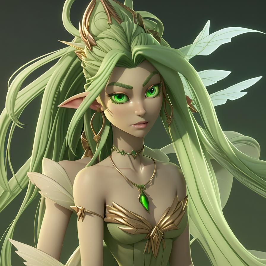 Beautiful Green Fairy Portrait in 3D Fantasy Style