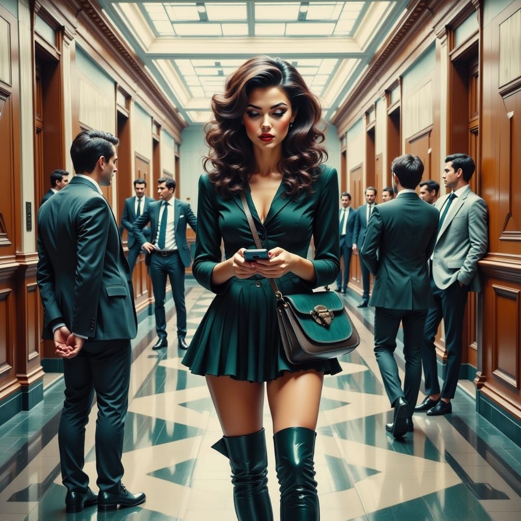 A Distracted Professional Woman in a DC Power Corridor