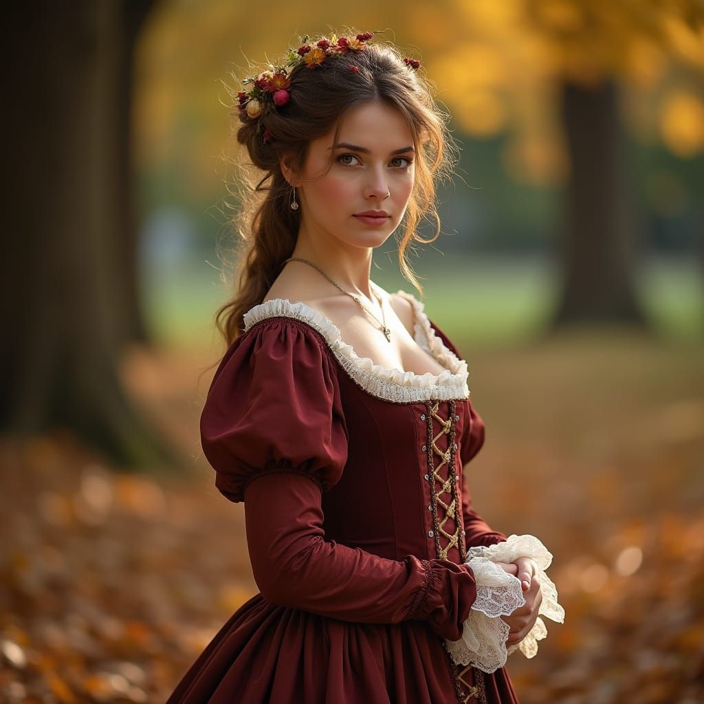 Elegant Lady in 18th Century Attire Against Autumnal Backdro...