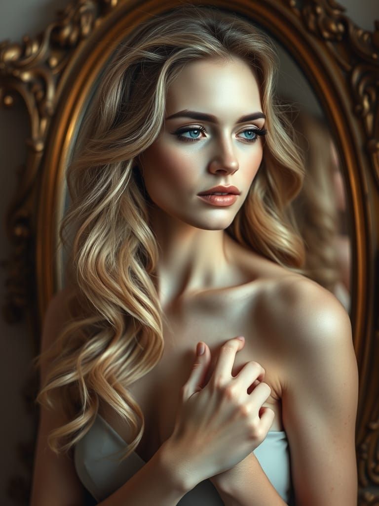 Ethereal Woman in Antique Mirror with Distressed Golden Fram...