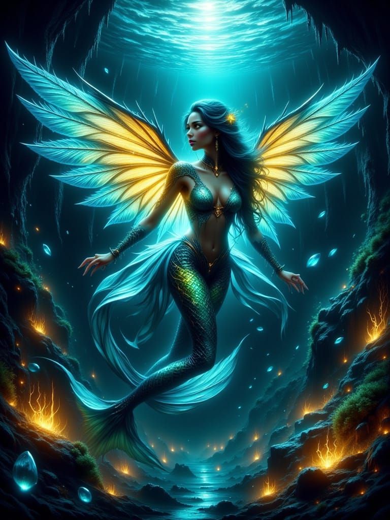 Female winged mermaid. Blue, green and yellow. Set 8n a deep ocean wonderland <lora:Glowing Flex Runes:1.0> <lora:Thrill...