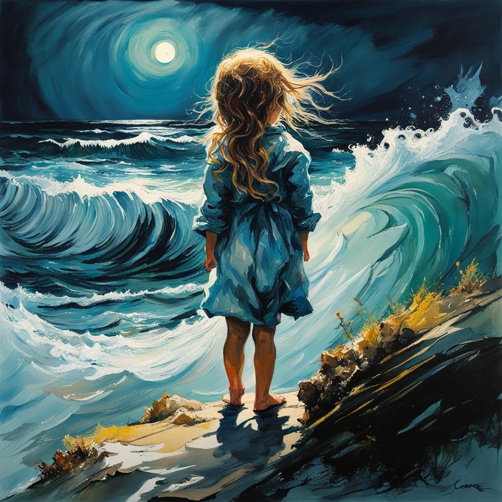 Impressionistic Child and Waves in Deep Color