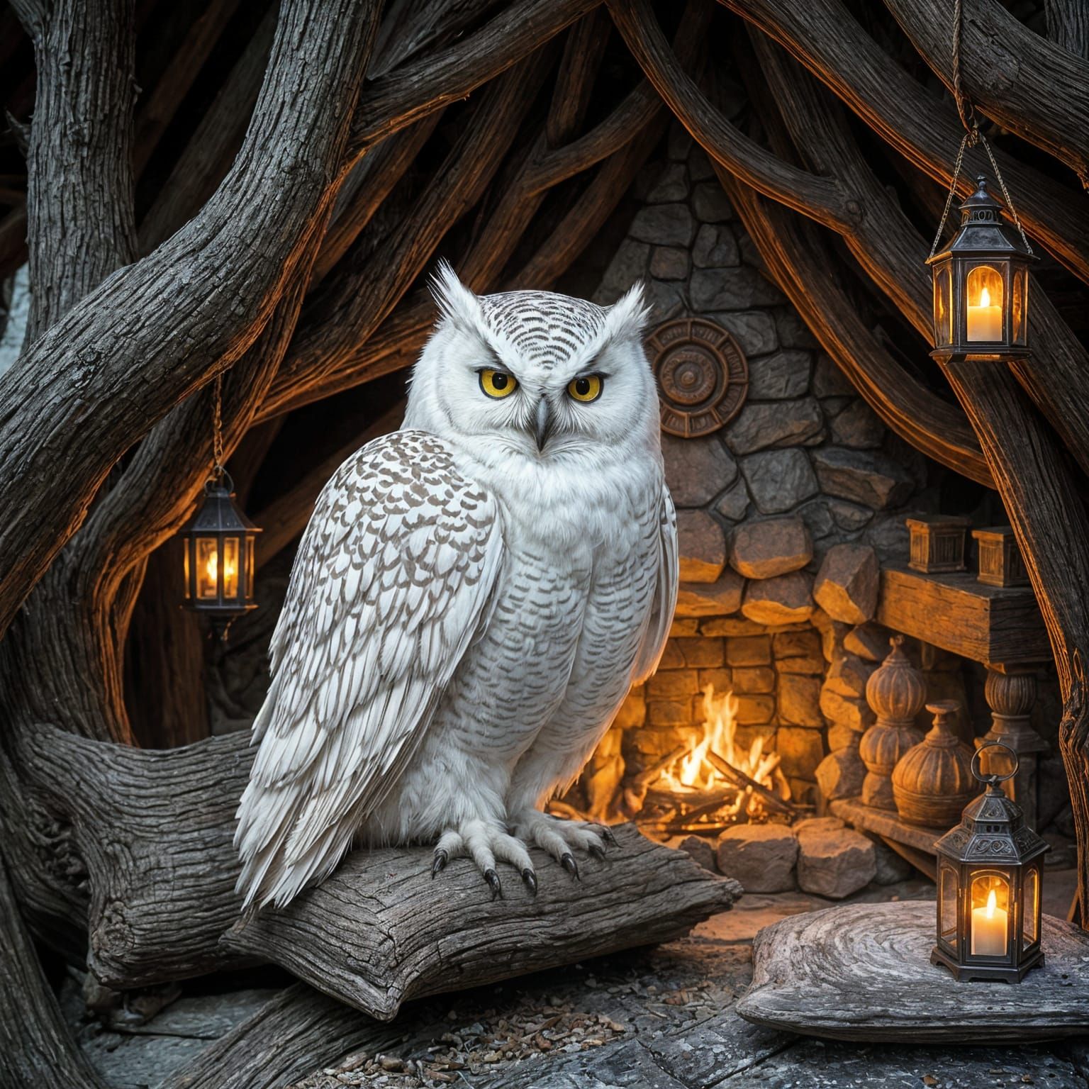 Snowy Owl in Elven Treehouse with Fire