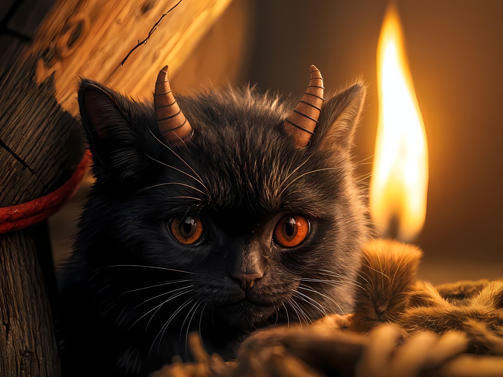 Shy Devilish Black Cat Monster Peeking from Fire