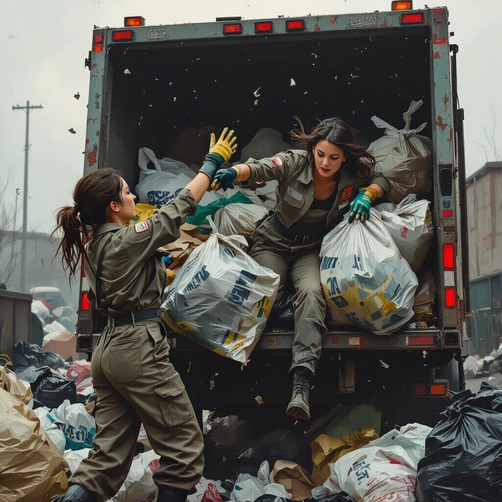 Noir-Inspired Garbage Truck Scene with Gritty Textures