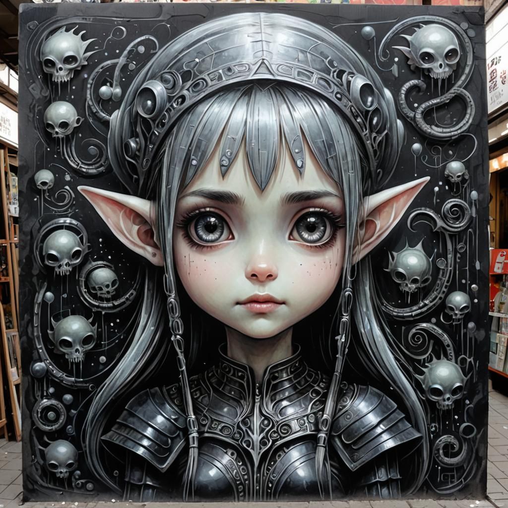 Cute Elf Girl in Colorful Chalk Graffiti Art