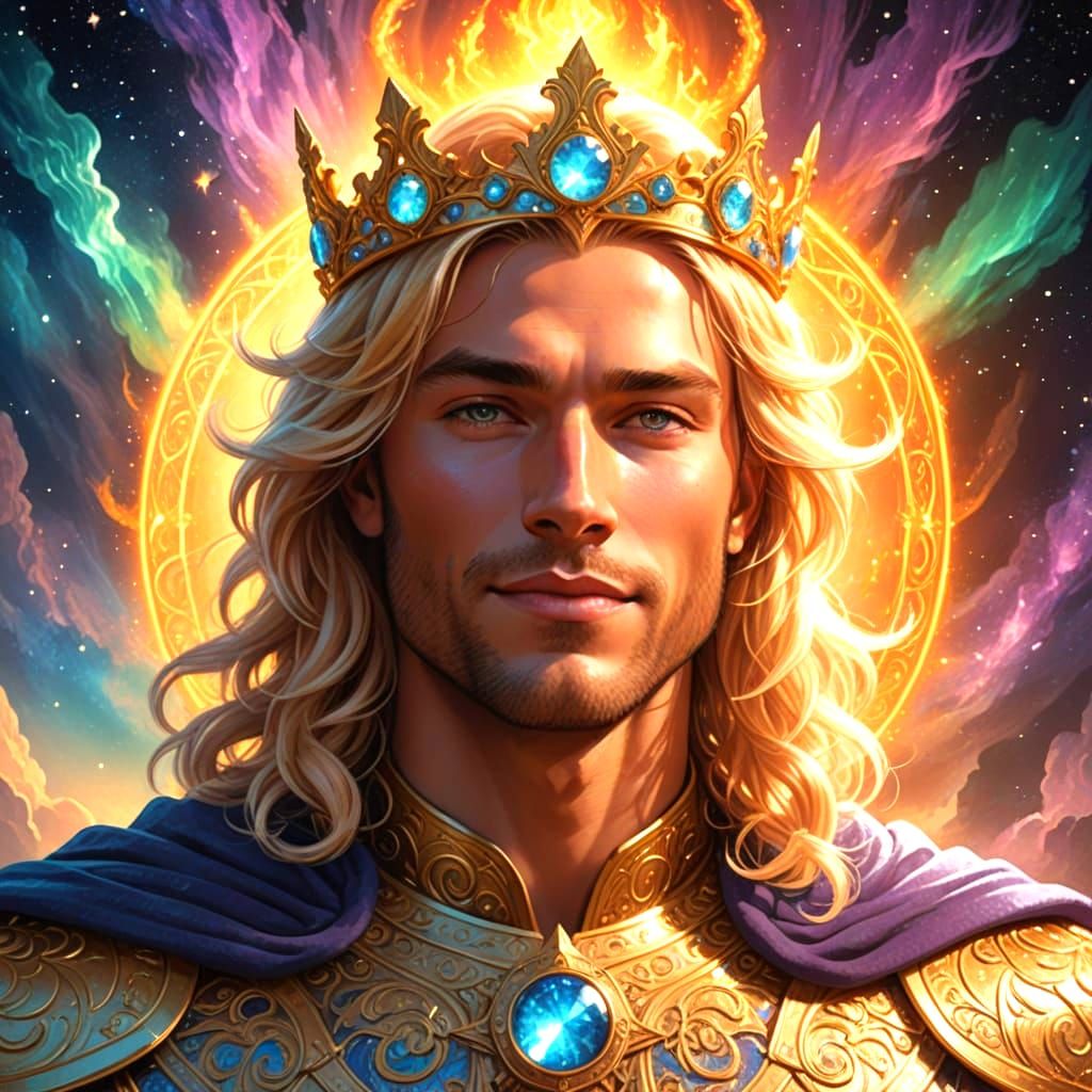 Blond Pleiadian Prince with Aurora Crown, Smiling