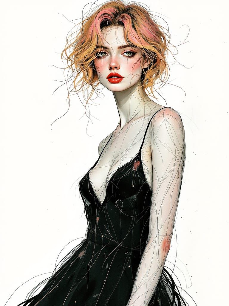 Expressive Figure Drawing with Bold Lines and Pink Hair