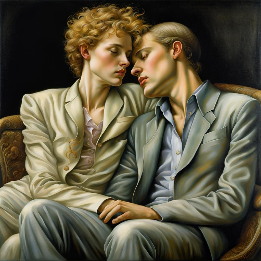 Gay Couple Cuddling in Tonalist Airbrush Art
