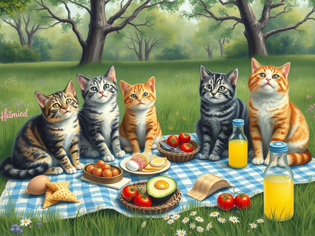 Whimsical Cats Enjoy Picnic in Lush Meadow