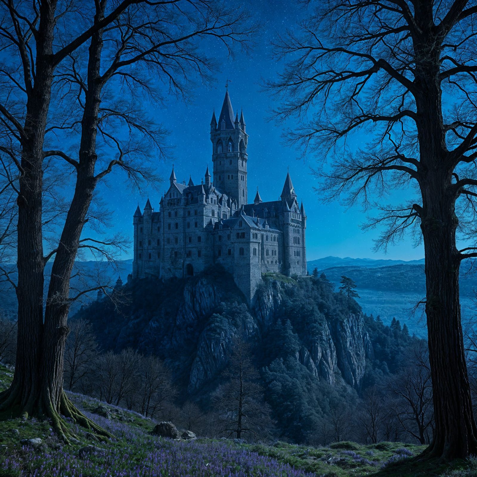 Epic Landscape Painting: Hillside Castle at Night