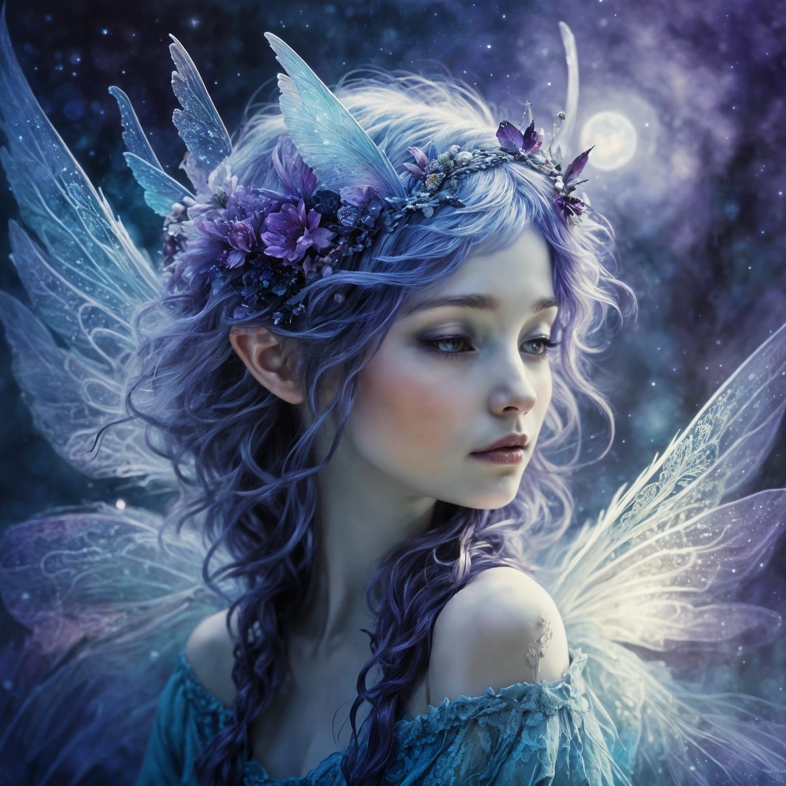 Whimsical Moon Portrait of Cute Fairy