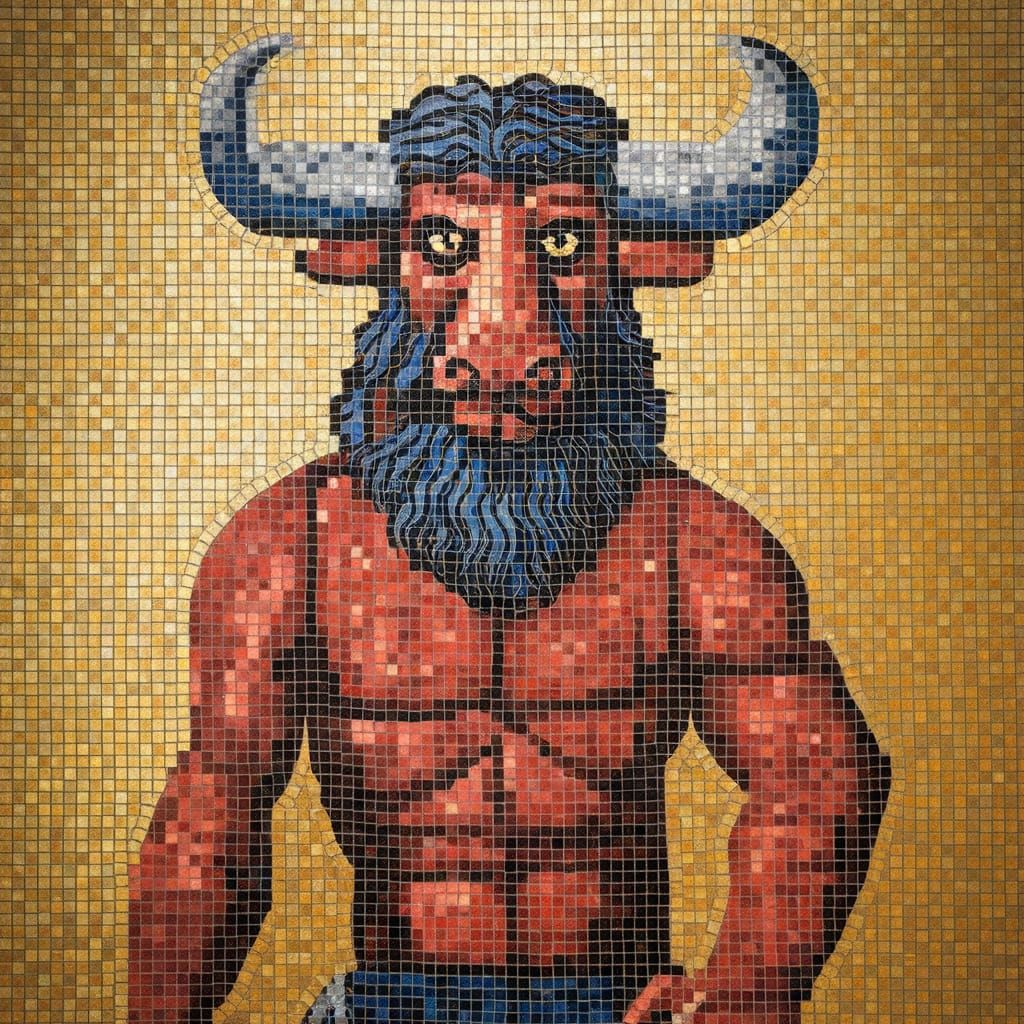 Flat mosaic of the mythical Greek monster Minotaur made enti...