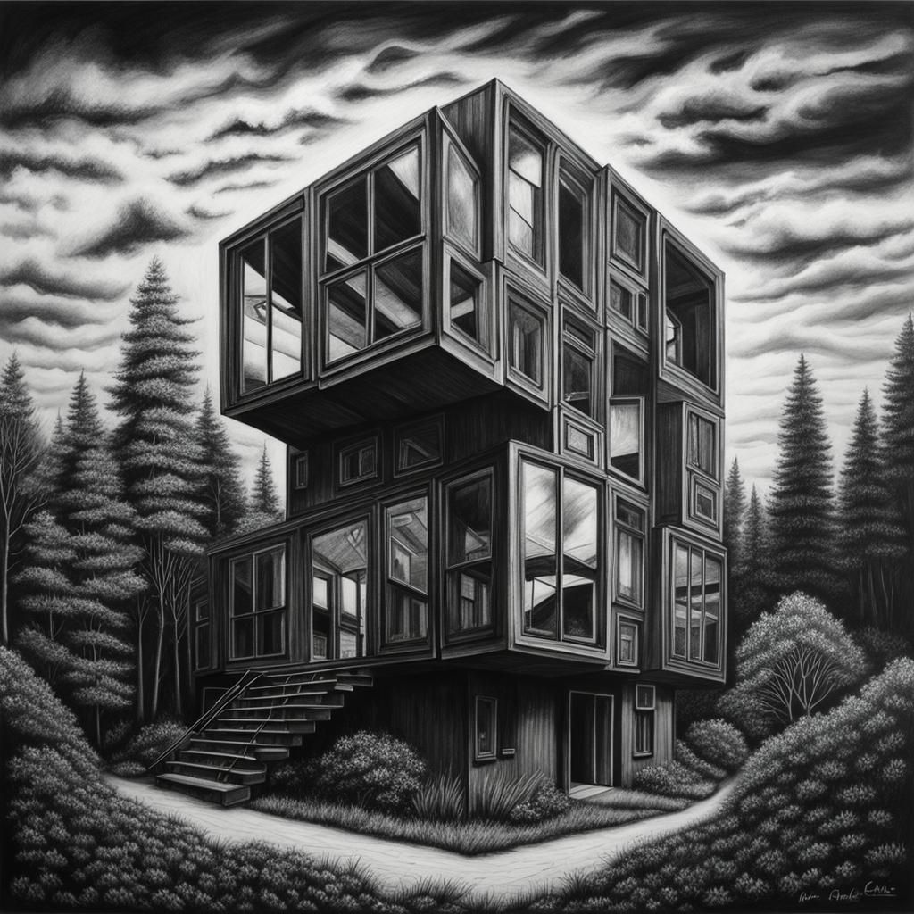 Hyperdetailed Charcoal Drawing of Rubik's Cube House