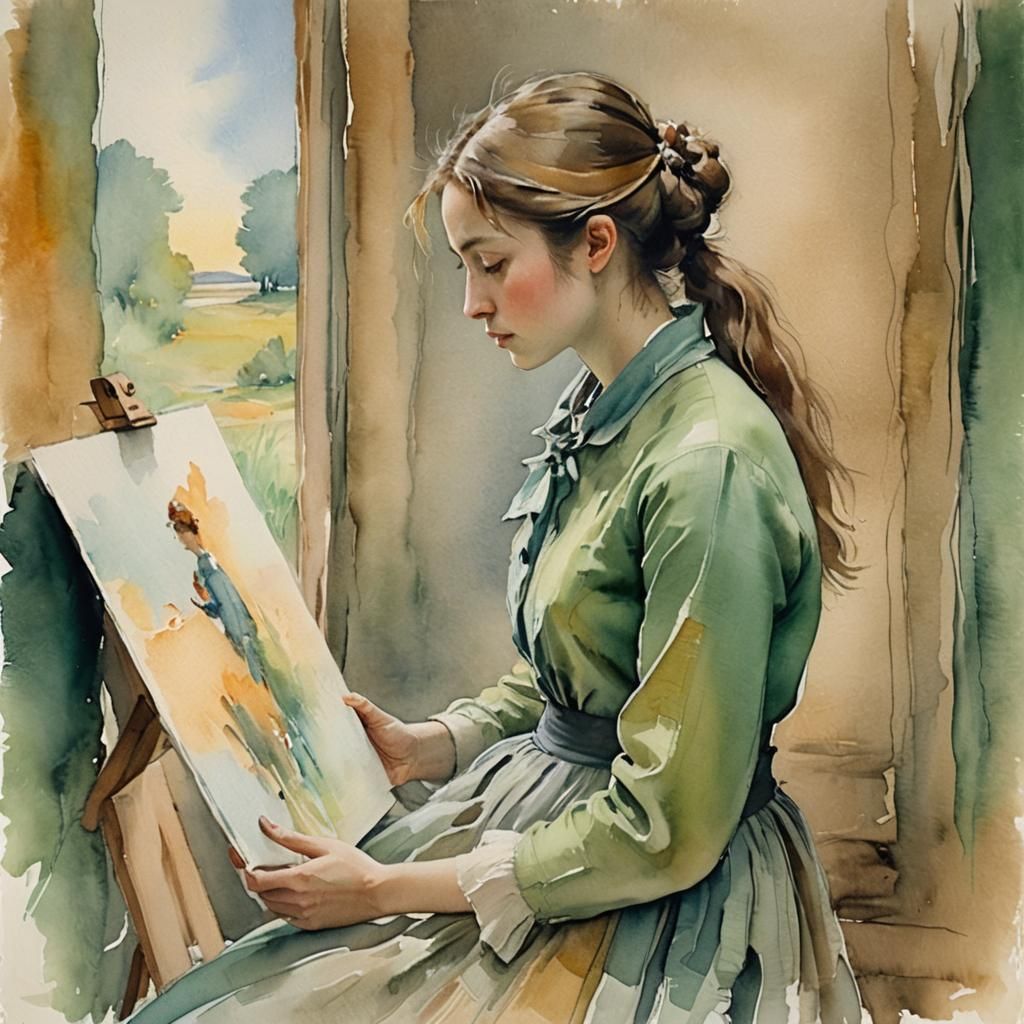 Dreamy Woman Gazing at Canvas as Watercolor Painting