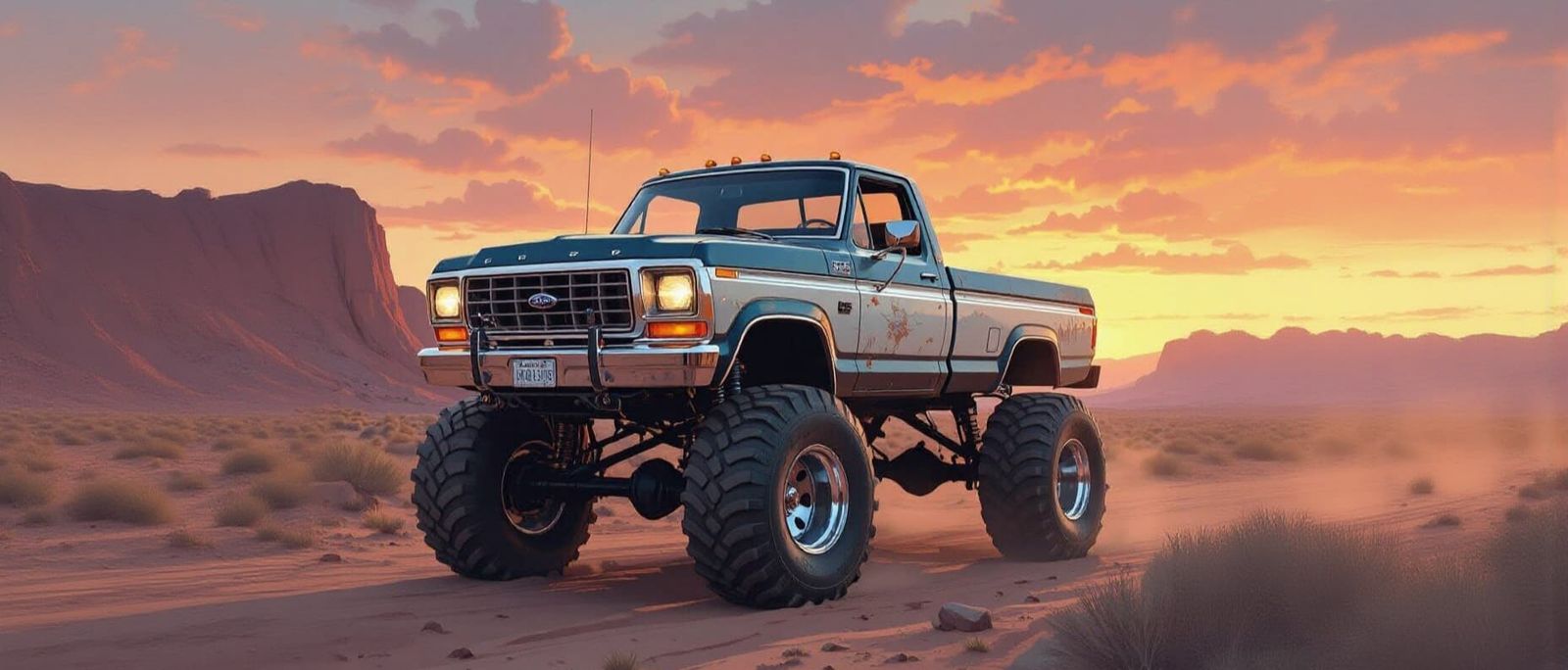 1979 Ford Pickup Truck Off-Roading in Desert Landscape