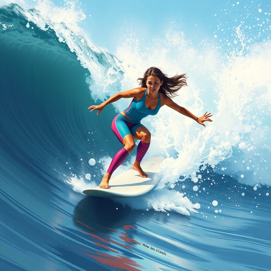 Surfer Girl Rides Wave in Shinkai-inspired Style