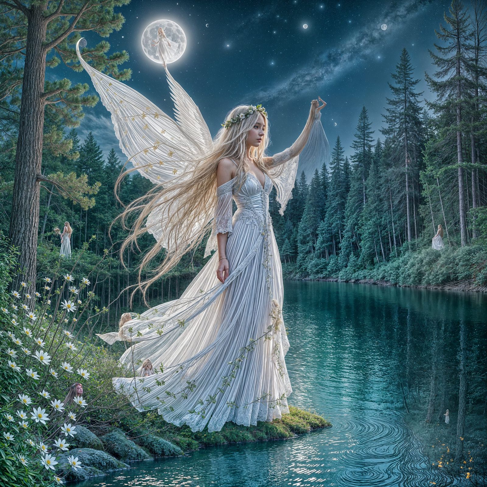 Enchanted Fairy in Pine Forest with Moonlight