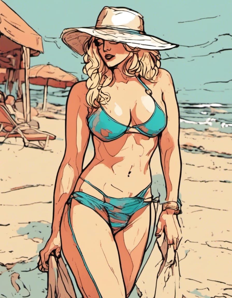 Curvy Blonde Bombshell on Beach in Line Art Style