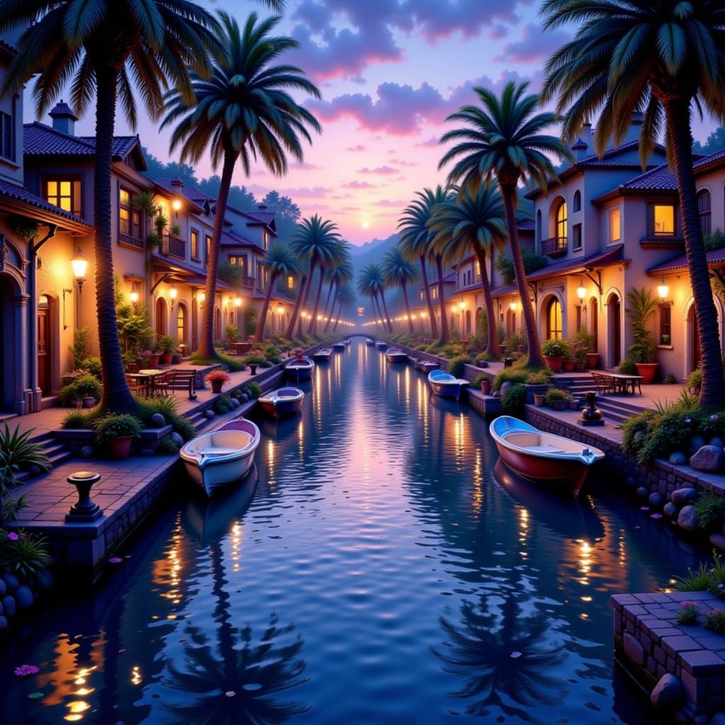 Exotic Canal At Golden Twilight With Twinkling Stars