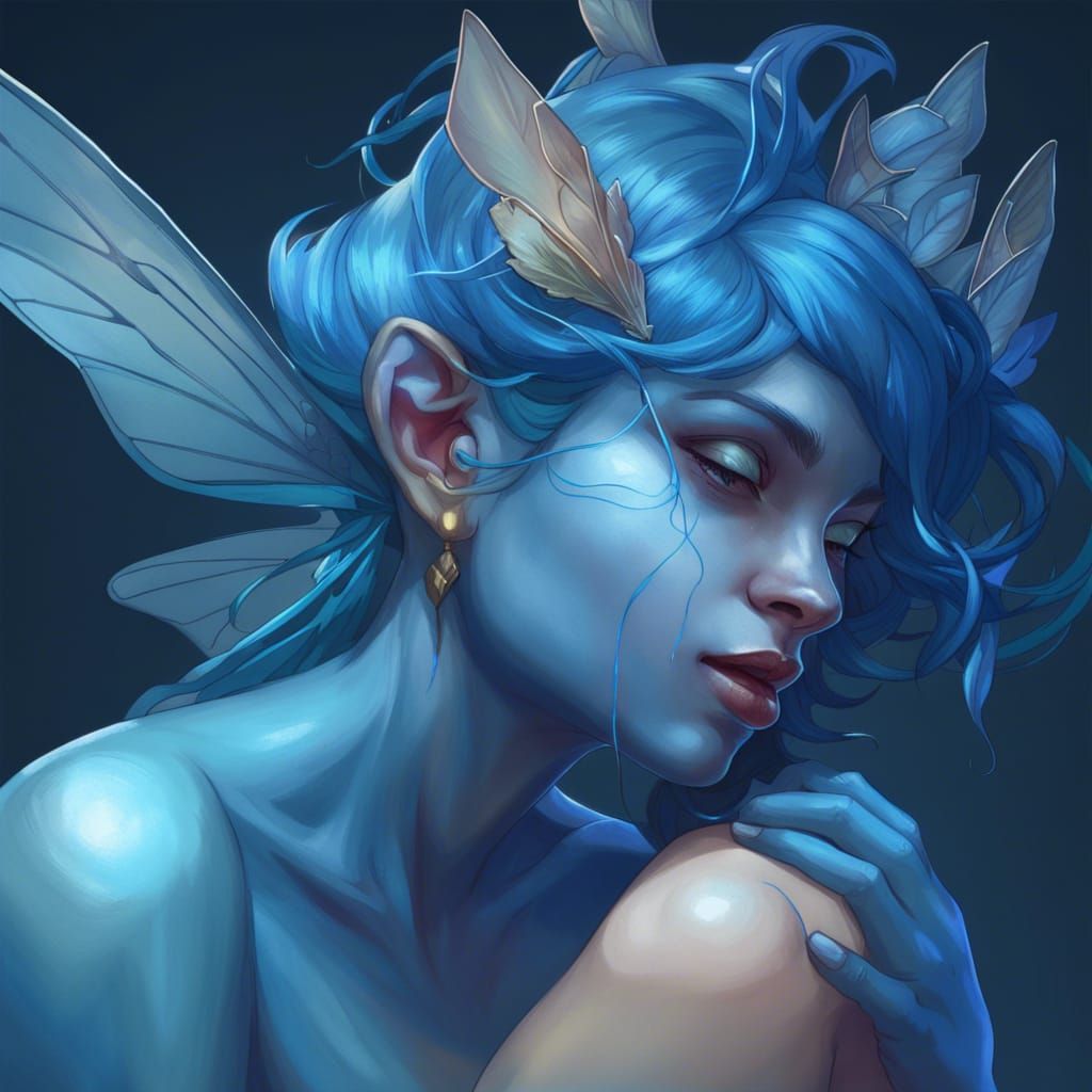 Blue Fairy Bites Ankle: Hyperdetailed Fantasy Portrait
