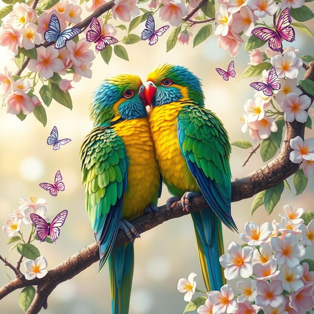 Love Birds in Lush Garden, Whimsical Art