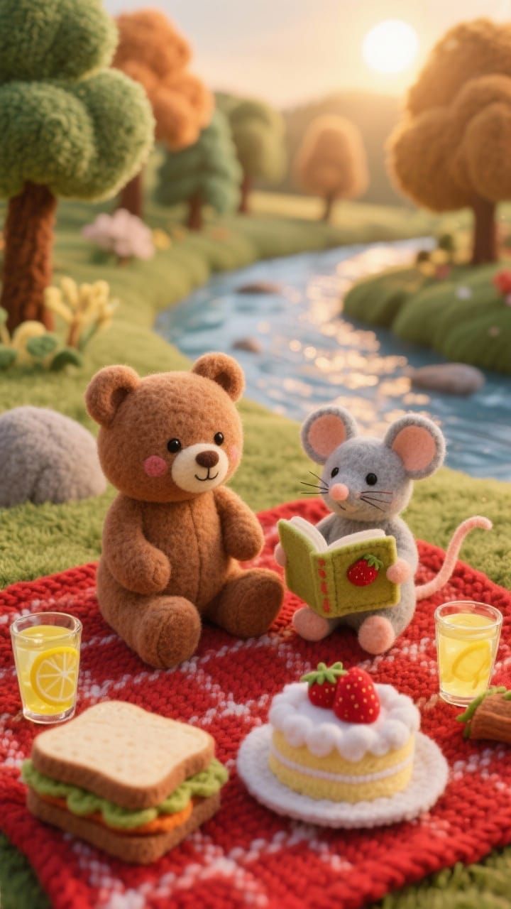 Cute Felt Bear and Mouse Picnic Scene