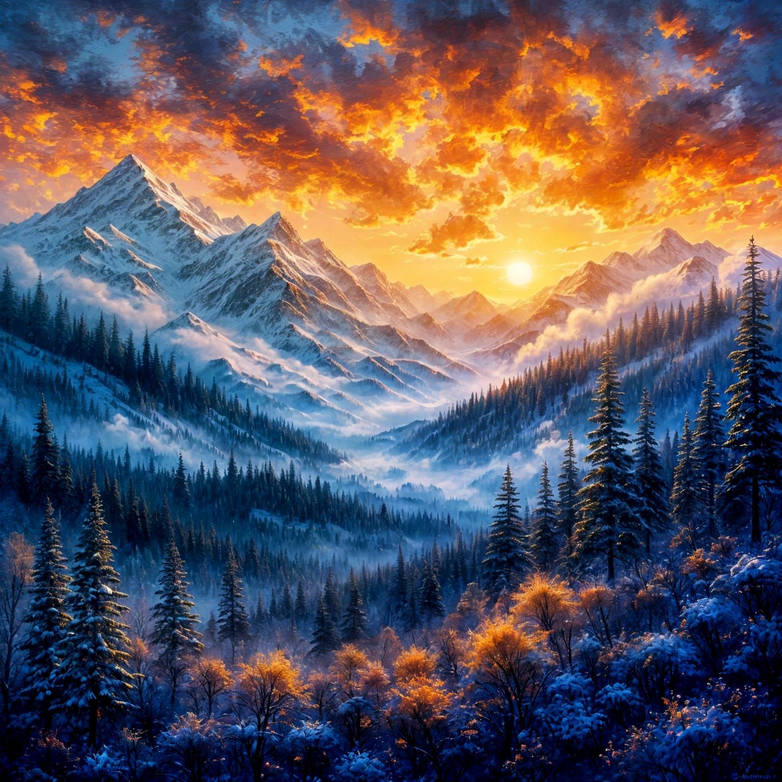 Majestic Snow-Capped Mountains at Golden Hour Sunset